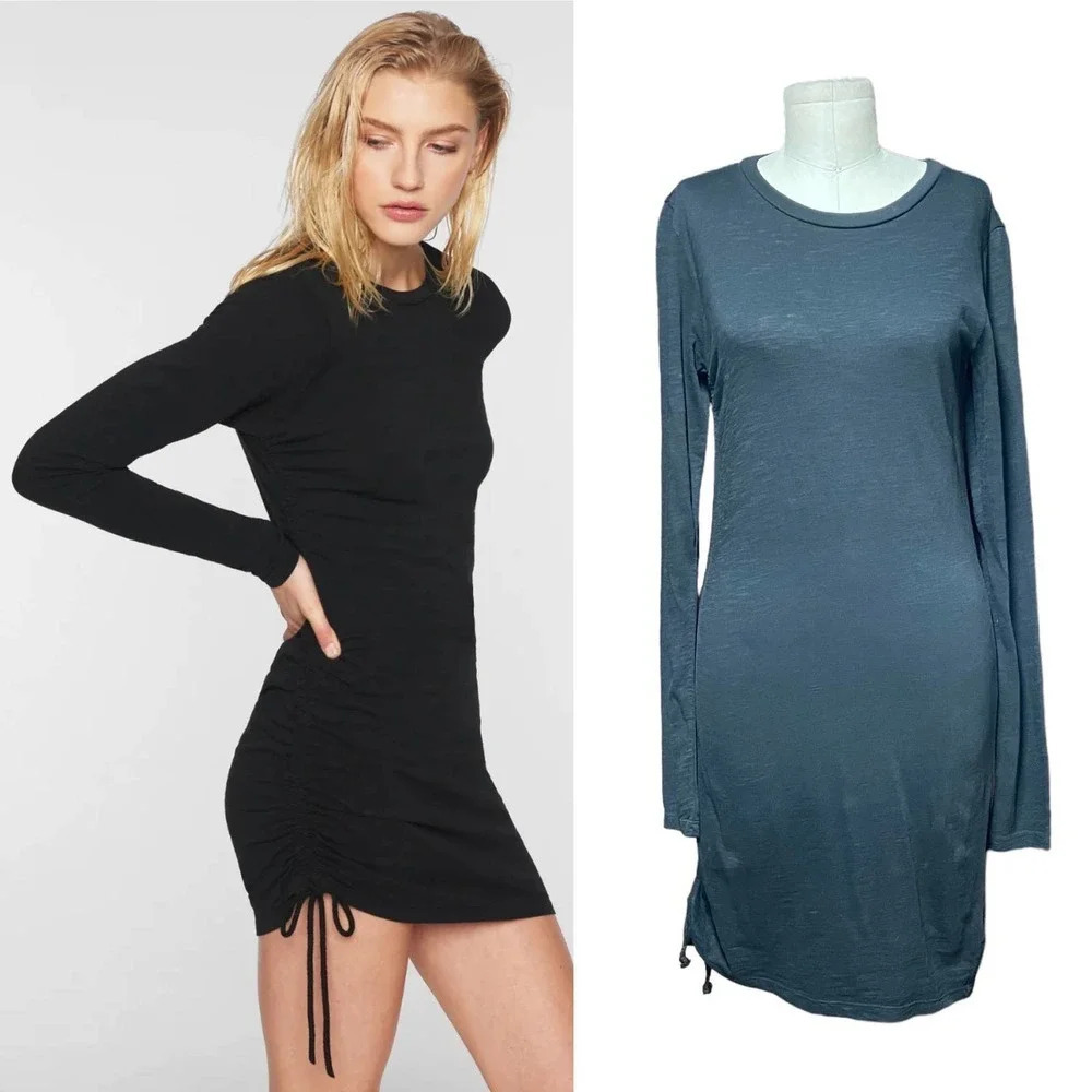 Pam & Gela Side Ruched Long Sleeve T-Shirt Dress Black Size Small‎